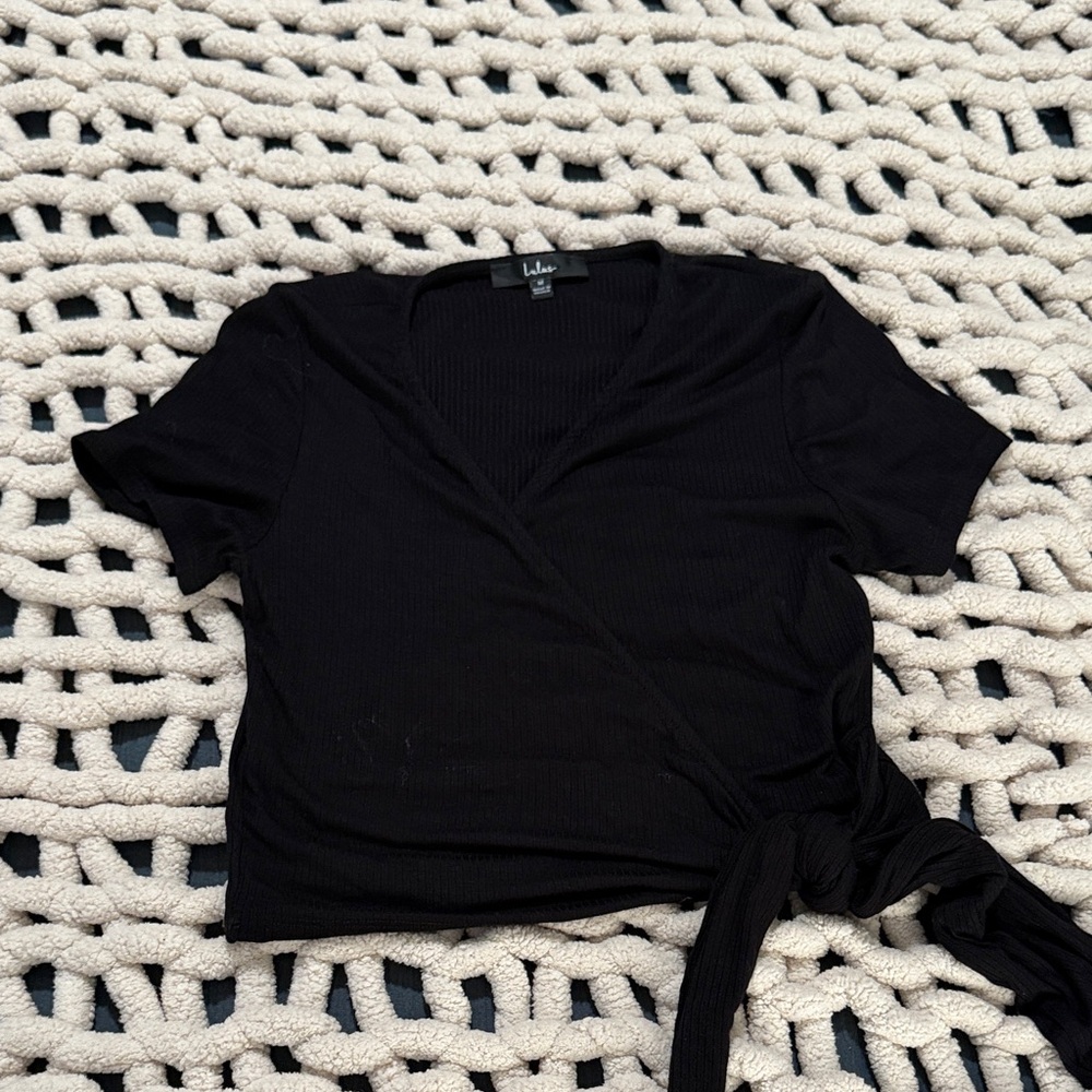Lulu's Elegant Black Short Sleeve Wrap Top